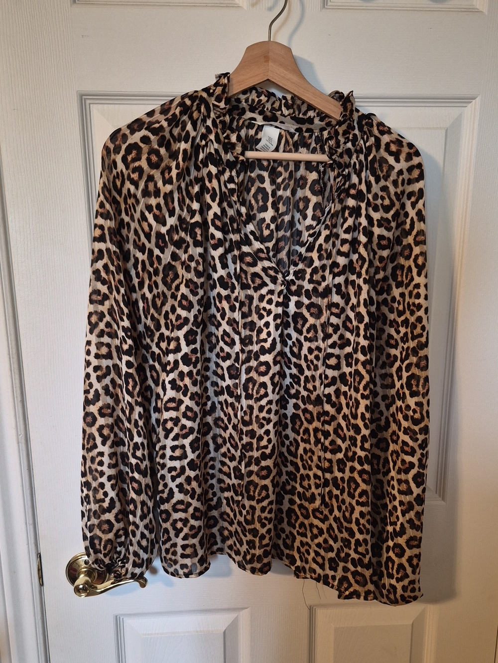 H&M Sheer Leopard Print Ruffle Tie-Neck Blouse Chiffon Long Sleeve M 🐾